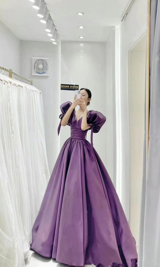 Satin Purple Puffy Sleeves Corset Prom Dress Pageant Party Dress Gala Sweet 16 Quinceanera Gown Y2700