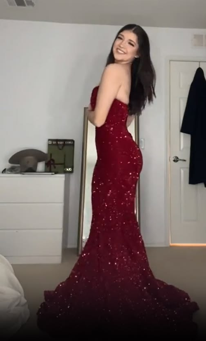 Sparkly Burgundy Sequin Mermaid Long Party Dress Prom Gown SP4236