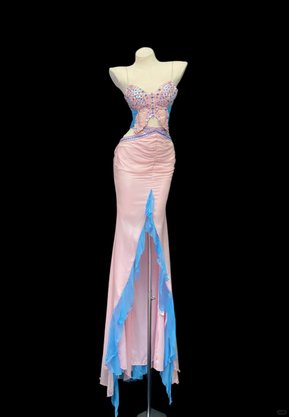 Glamorous Spaghetti Straps Pink Satin Butterfly Sequin Beaded Chiffon Ruffle Mermaid Slit Long Party Dress SP4090