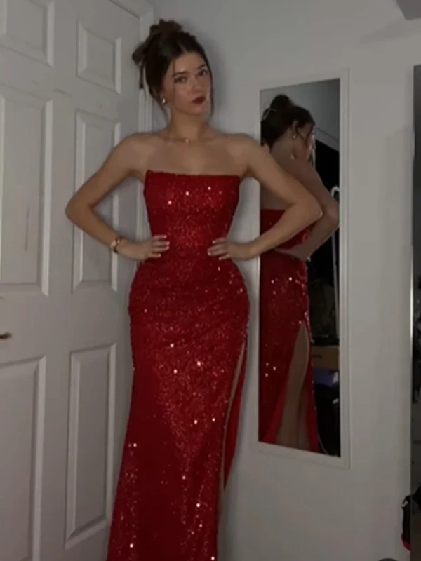 Shiny Strapless Red Mermaid Sequin Long Party Dress Prom Dresses SP3736