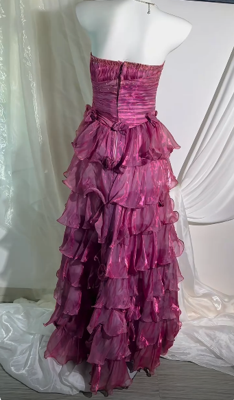 Glamorous Strapless Tulle Beaded Ruffle Layered Long Party Dress Fuchsia Long Evening Dress SP3739