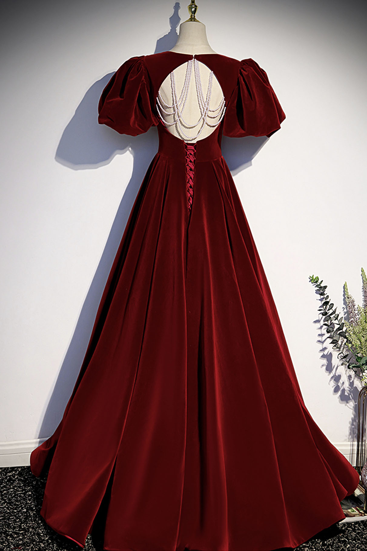 Burgundy velvet long prom dress evening dress Y4384