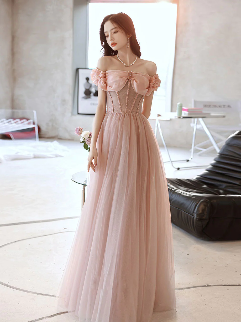 Pink Sweetheart Neck Tulle Beads Long Prom Dress, Pink Evening Dress,Y2406