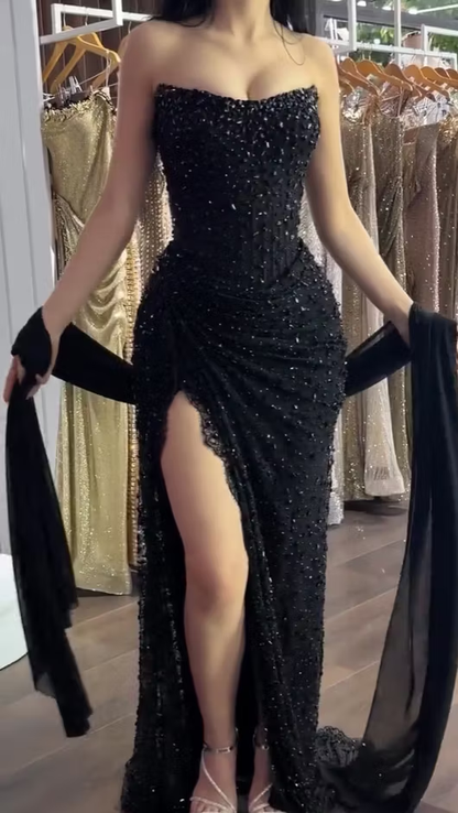 Elegant Black Strapless Tulle Beaded High Slit Mermaid Party Dress Long Prom Dress SP3277