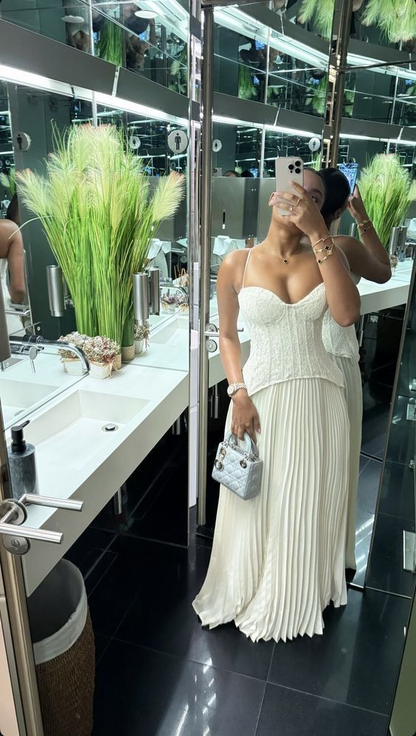 Pretty Blue Lace Satin Pleated Long Birthday Party Dress Spaghetti Straps Long Wedding Guest Dress SP3934
