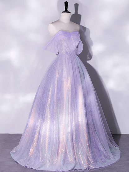 Purple A-Line Tulle Sequin Long Prom Dress, Purple Sequin Long Formal Dress Y5863
