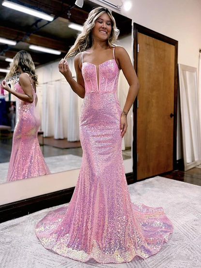 Mermaid/Trumpet Prom Dresses Sparkle & Shine Dress Formal Court Train Sleeveless Spaghetti Strap Sequined V Back with Sequin Y6086