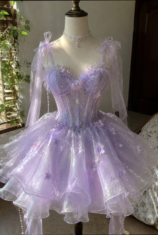 Pretty Purple Spaghetti Straps Tulle Beaded Appliques Short Homecoming Dress,Mini 15th Birthday Outfits SP3253