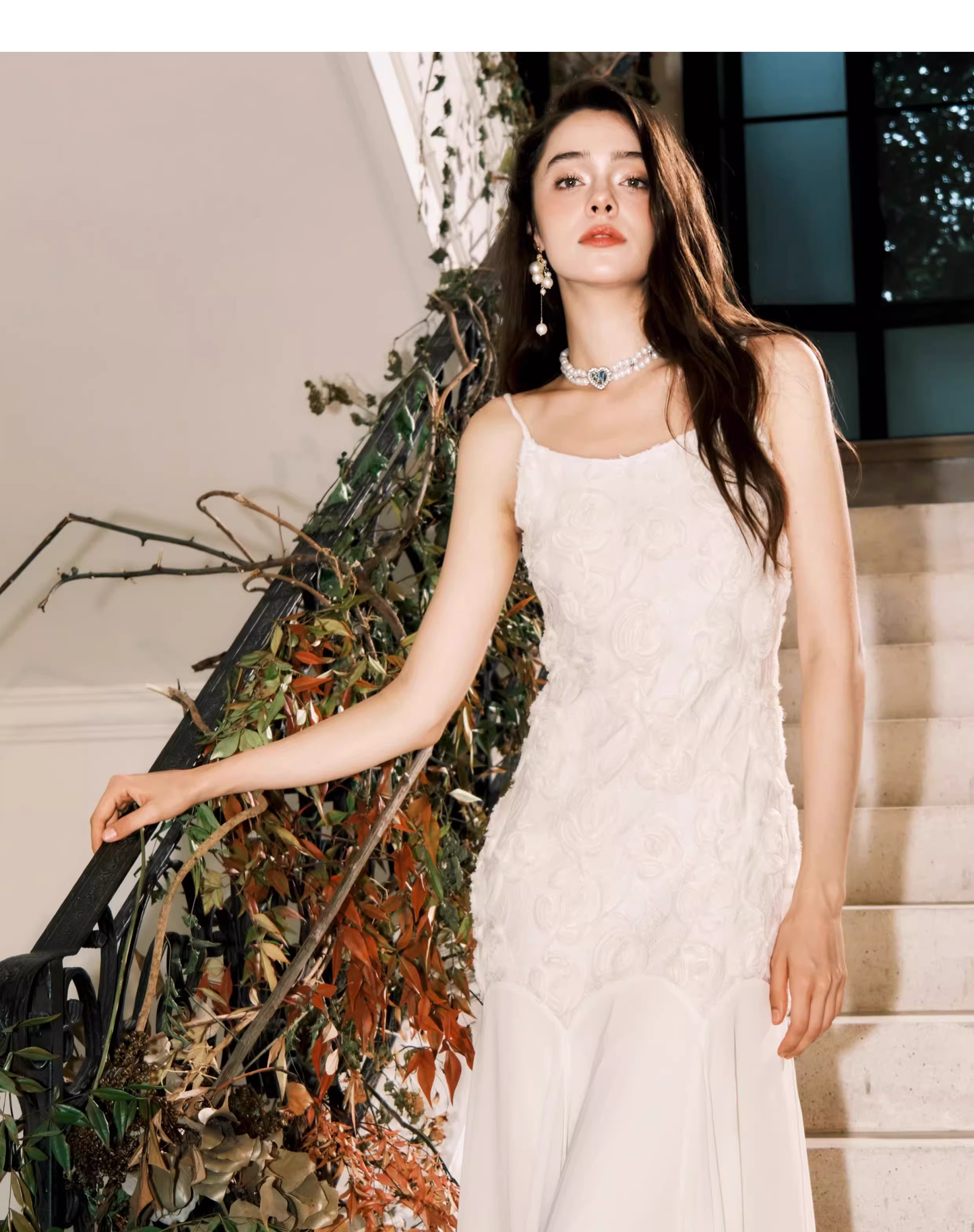 Fairy Spaghetti Straps 3D Rose Flowers Chiffon Mermaid Prom Dress White Birthday Party Dress SP1981