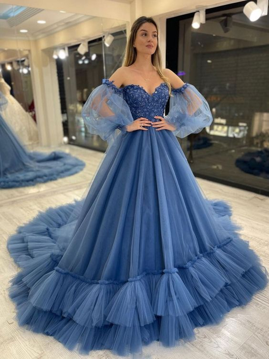 Sweetheart Neck Tulle Blue Prom Dress, Puff Sleeves Long Blue Formal Evening Dress Y6172