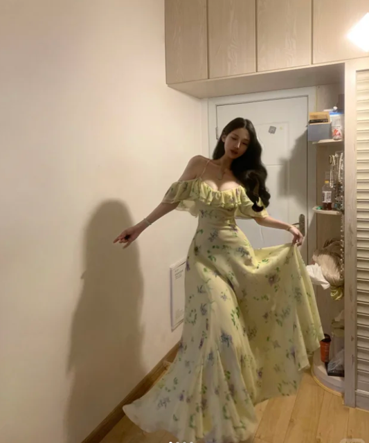 Beautiful Spaghetti Straps Green Chiffon Printed Floral Mermaid Party Dress Long Prom Gown SP294