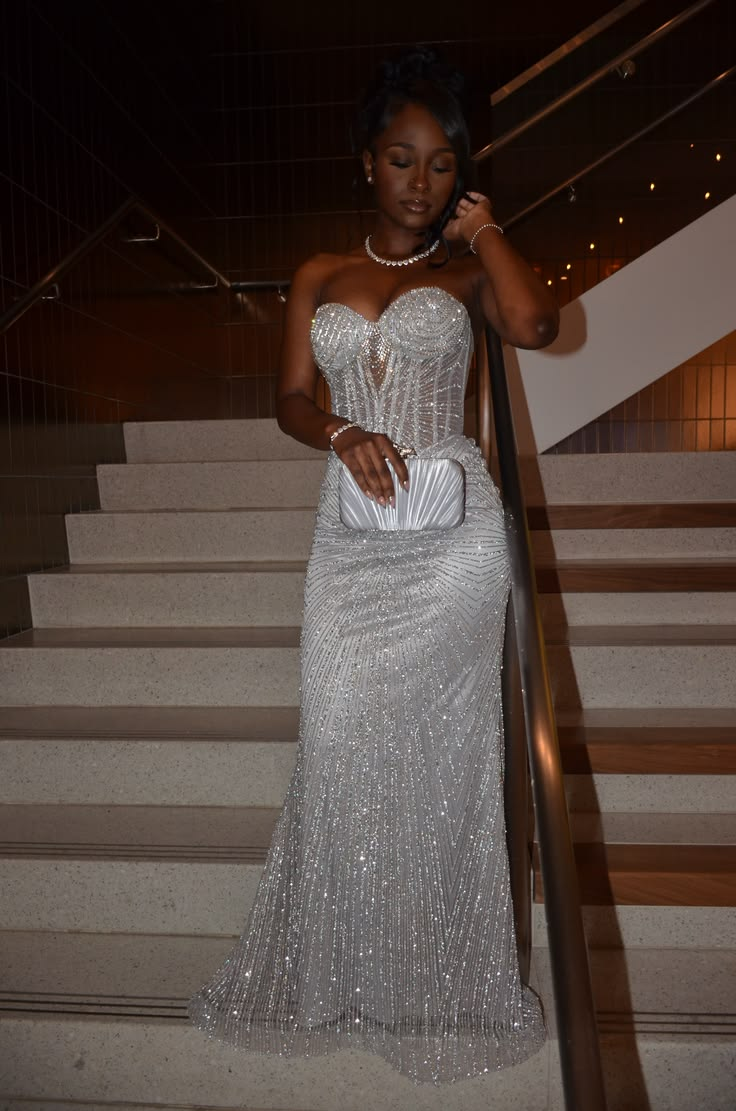 Glitter Strapless Silver Satin Tulle Beaded Mermaid Slit Long Party Dress Prom Gown SP3723