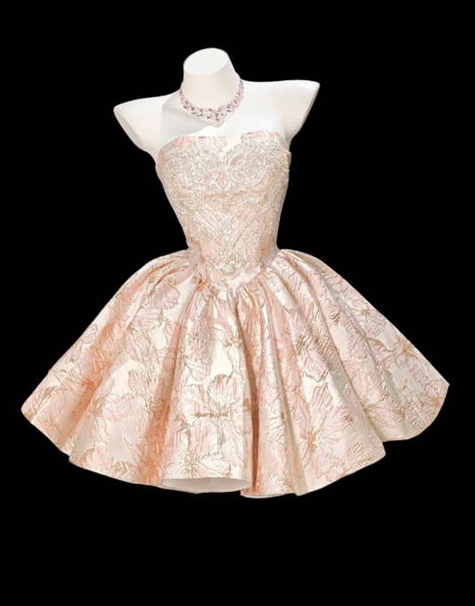 Gorgeous Pink Strapless Satin Print Floral Beaded A Line Short Homecoming Dress Birthday Dress SP1925