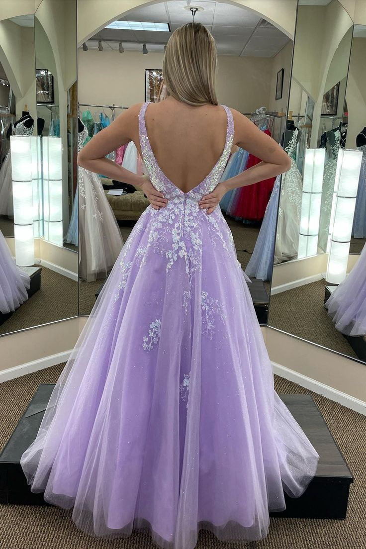 Lilac Tulle A-line V Neckline Backless Applique Long Prom Dress Y6087