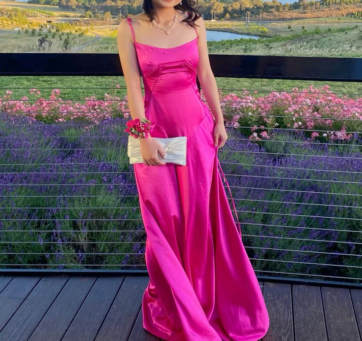 Classy Spaghetti Straps Hot Pink Satin A Line Long Party Dress Wedding Guest Dress SP2139