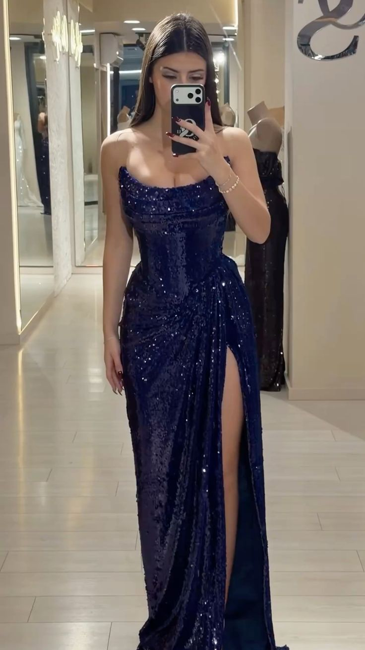 Shiny Navy Blue Sequin Sheath High Slit Long Party Dress Strapless Long Wedding Guest Dress SP3999