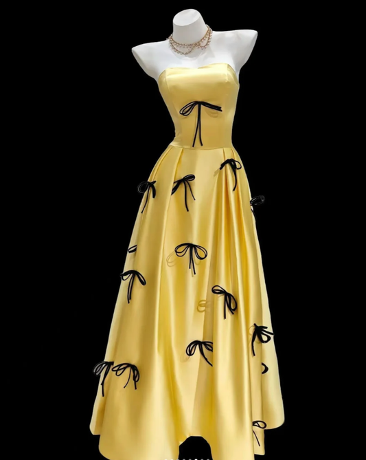 Fashion Strapless Yellow Satin Bow A Line Long Party Dress Birthday Dress SP1938