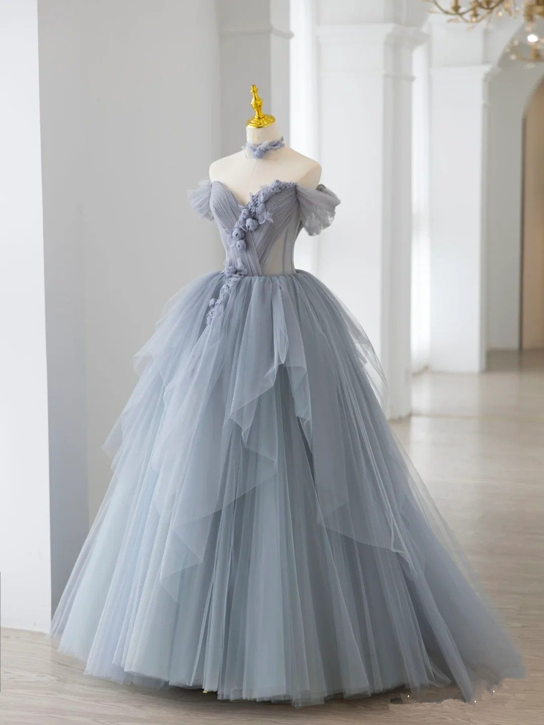 Smoke Gray Ball Gown Off The Shoulder Irregular Hem Sweet 16 Dress  Y2590