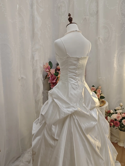 Elegant Ball Gown Spaghetti Straps White Lace Satin Pleated Long Party Dress Evening Dress SP2164