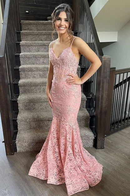 Pink Floral Lace V-Neck Trumpet Long Prom Dress Y6461