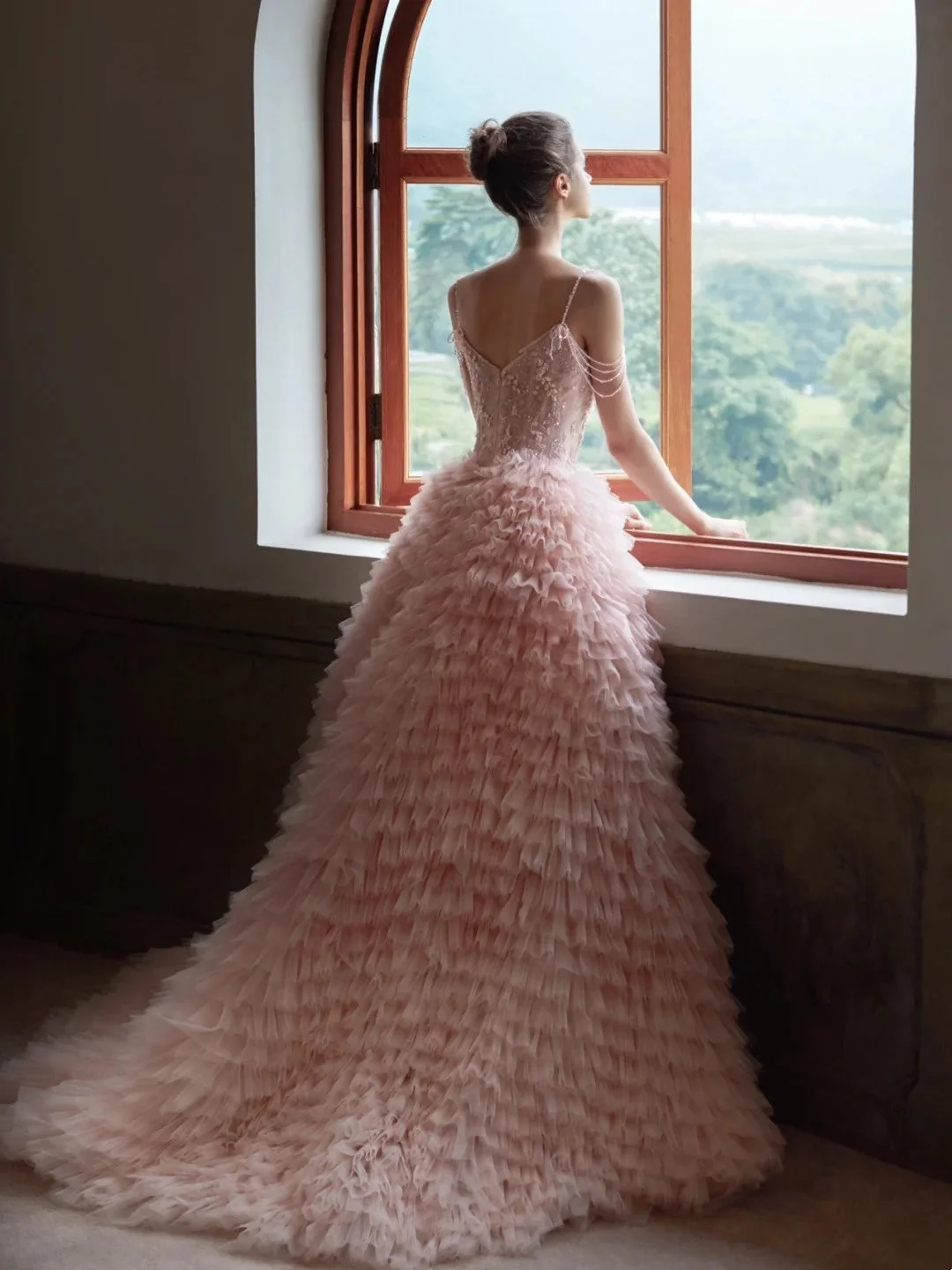Glamorous Pink Tulle Pleated Tiered Long Party Dress Birthday Prom Dress With Sequins SP4133