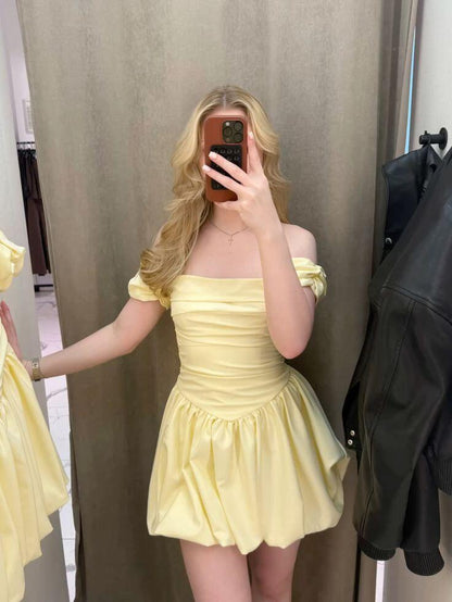 Cute Off The Shoulder Yellow Satin A Line Short Homecoming Dress Birthday Dress SP3963