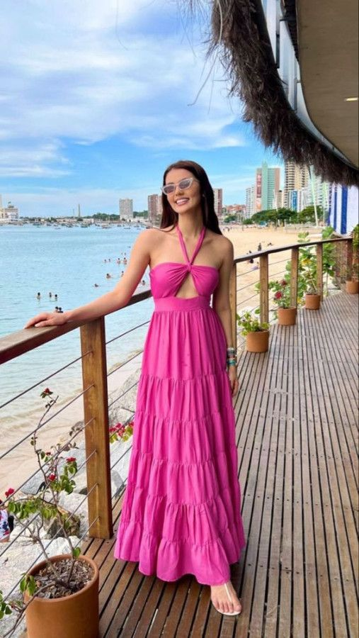 Halter Neckline Fuchsia A-line Long Prom Dress Beach Dress  Y2872