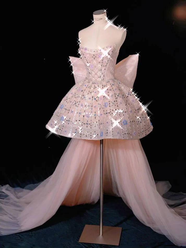 Pretty Strapless Pink Tulle Beaded Mini Birthday Dress Short Homecoming Dress With Bow Y9317