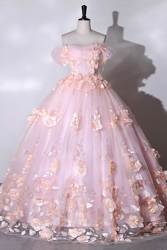 Pink Flowers Sweetheart Ball Gown Formal Dresses, Pink Long Sweet 16 Dresses Y6951