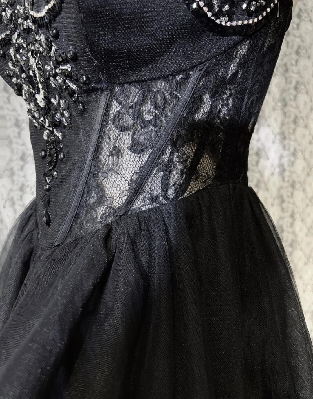 Retro Spaghetti Straps Tulle Beaded A Line Short 9th Grade Homecoming Dress,Black Short Prom Gown SP2916