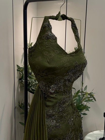 Vintage Olive Green Lace Sequin Beaded Sheath Long Party Dress Halter Birthday Prom Gowns SP2275