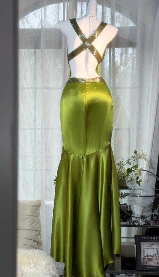 Sexy Green V Neck Satin Beaded Mermaid Long Party Dress Backless Birthday Prom Dress SP1875