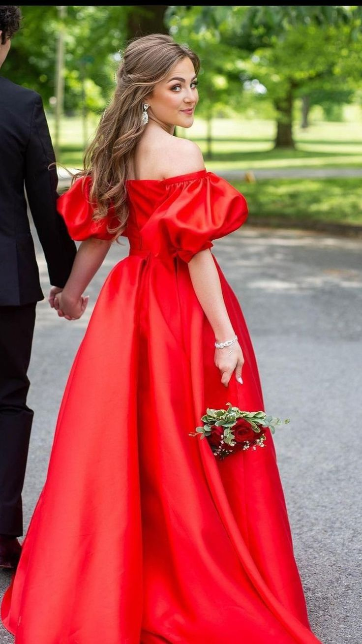 Bubble Sleeve Red A-line Satin Prom Dress,Princess Dress  Y5338