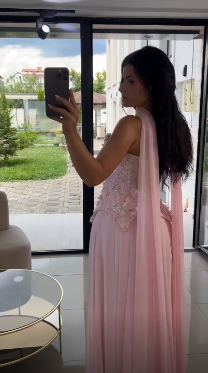 Elegant Pink Strapless Chiffon Appliques Long Party Dress Evening Dress SP3741