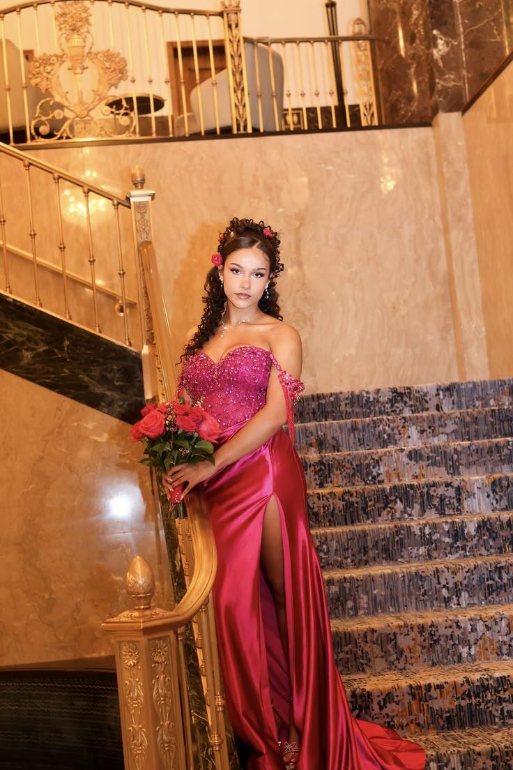 Gorgeous Hot Pink Satin Mermaid Long Party Dress Off The Shoulder Slit Long Wedding Guest Dress SP3714