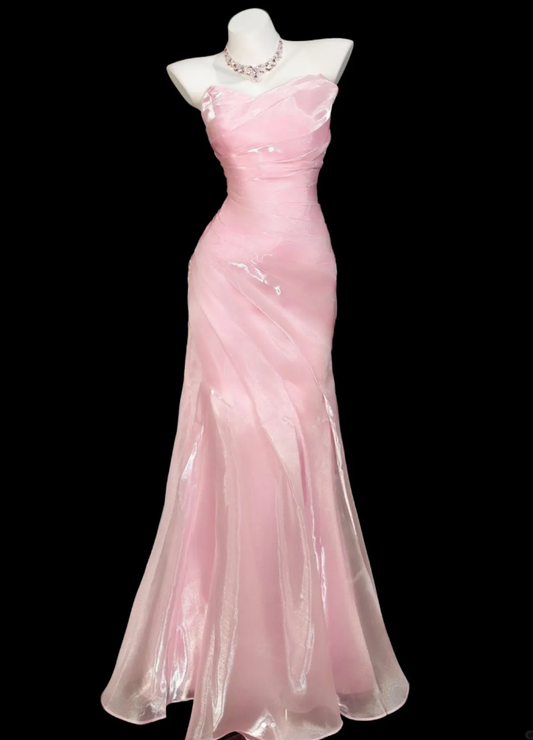 Elegant Pink Strapless Organza Pleated Mermaid Long Party Dress Birthday Dress SP1915