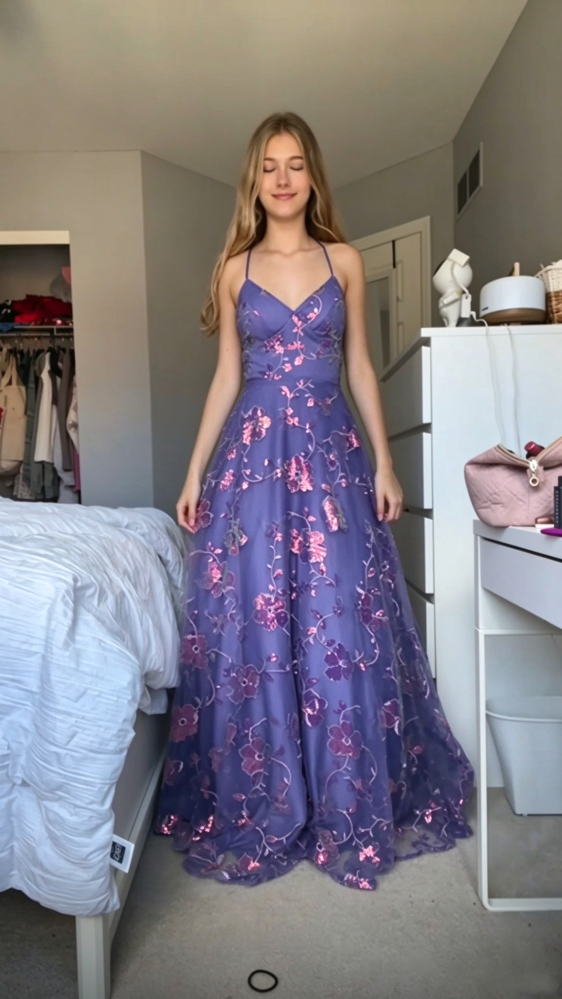 Elegant Spaghetti Straps Tulle Sequin Floral Prom Dress Purple Long Party Dress SP4226