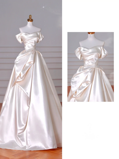 Classy Off The Shoulder Satin Pleated A Line Prom Evening Dress,White Wedding Dress Y8633