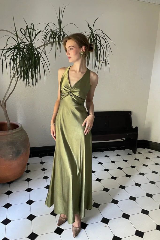 Vintage Halter V Neck Olive Green Satin Long Bridesmaid Dress Formal Guest Dress SP339