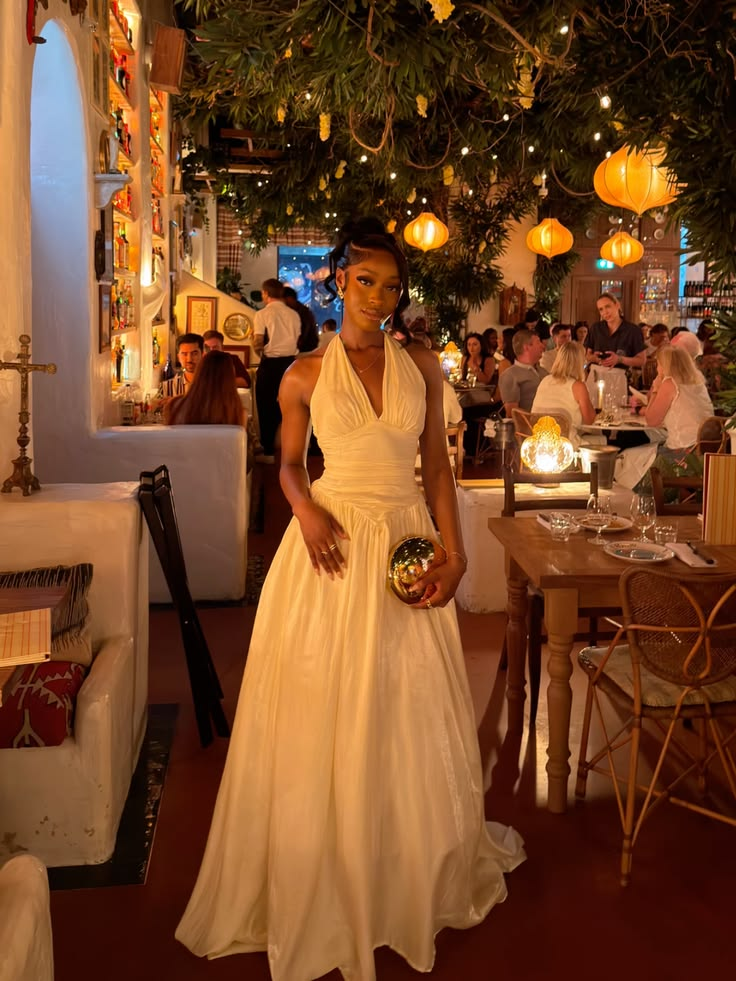 Classy Halter Satin Long Wedding Guest Dress White V Neck Long Birthday Party Dress SP3942