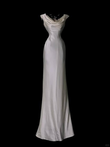 Elegant White Sleeveless Satin Mermaid Long Party Dress Formal Long Wedding Guest Dress SP4068