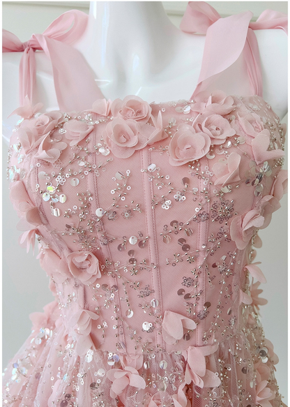 Elegant Spaghetti Straps Tulle Appliques A Line Short Homecoming Dress,Pink Mini 17th Birthday Outfits SP3266