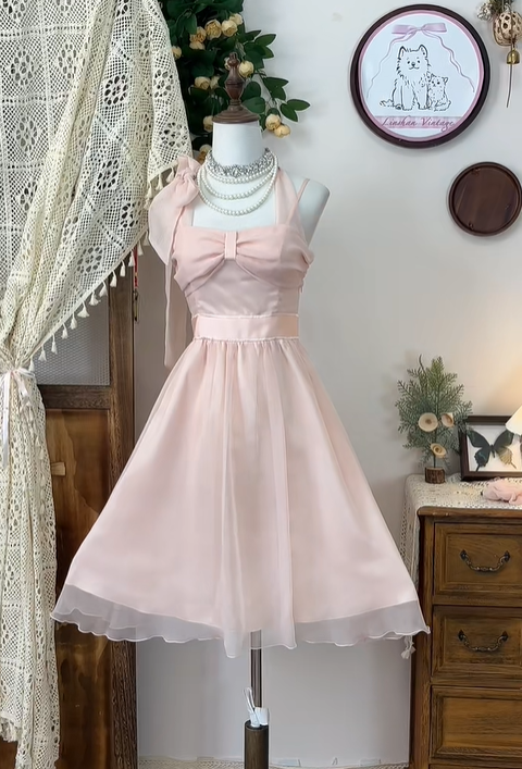Elegant Pink Halter Chiffon A Line Homecoming Dress Birthday Outfits Y8892