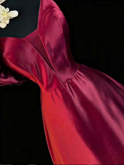 Vintage One Shoulder Ball Gown Burgundy Satin Ruffles Long Party Dress SP2768