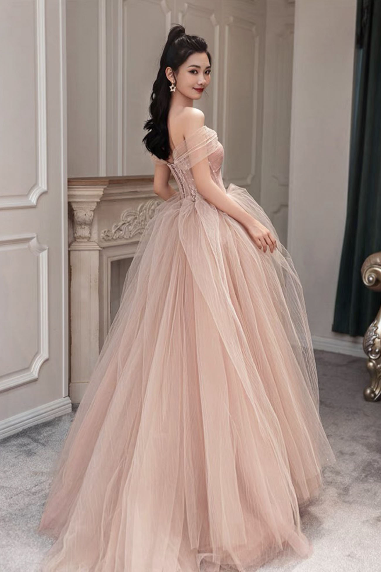 Pink Tulle Long Prom Dress Pink Evening Dress Y1825