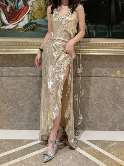 Sexy V-neck Satin Ruffles Pleated Slit Long Party Dress Spaghetti Straps Mermaid Long Evening Gown SP3873