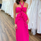 Hot Pink Halter Cut Out Ruffle Long Formal Prom Dress Y7378