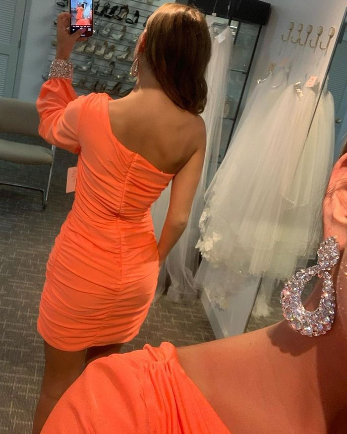 One Shoulder Orange Satin Tight Homecoming Dress with Beading Long Sleeves Y2905