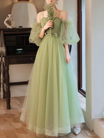 Simple A line Green Long Prom Dress, Green Tulle Bridesmaid Dress Y6986