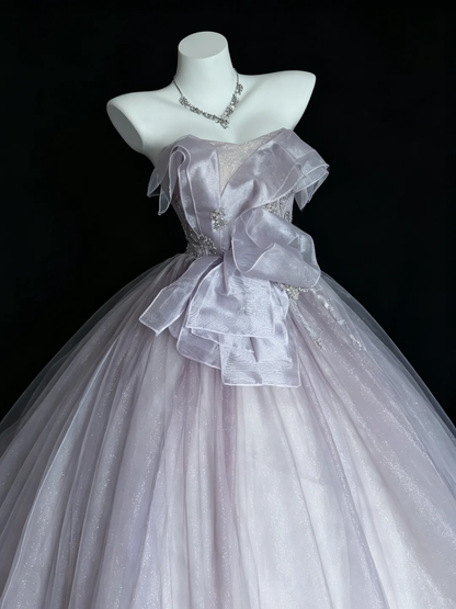 Lavender Strapless Ruffle Bow Tulle Ball Gown Rhinestone Beaded Long Quinceanera Dress SP2728